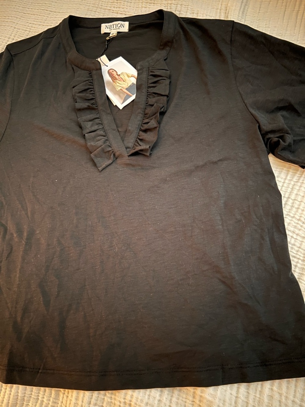 Nation Los Angeles Ruffle Trim V-Neck Tee - Black